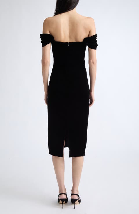 Off the Shoulder Stretch Velvet Midi Dress