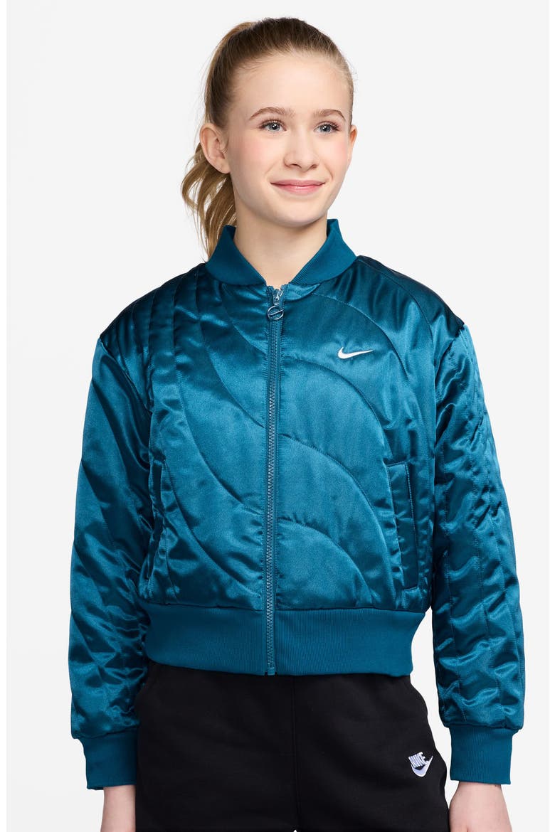 Kids' Sportswear Quilted Bomber Jacket, Main, color, 301 GREEN ABYSS/WHITE