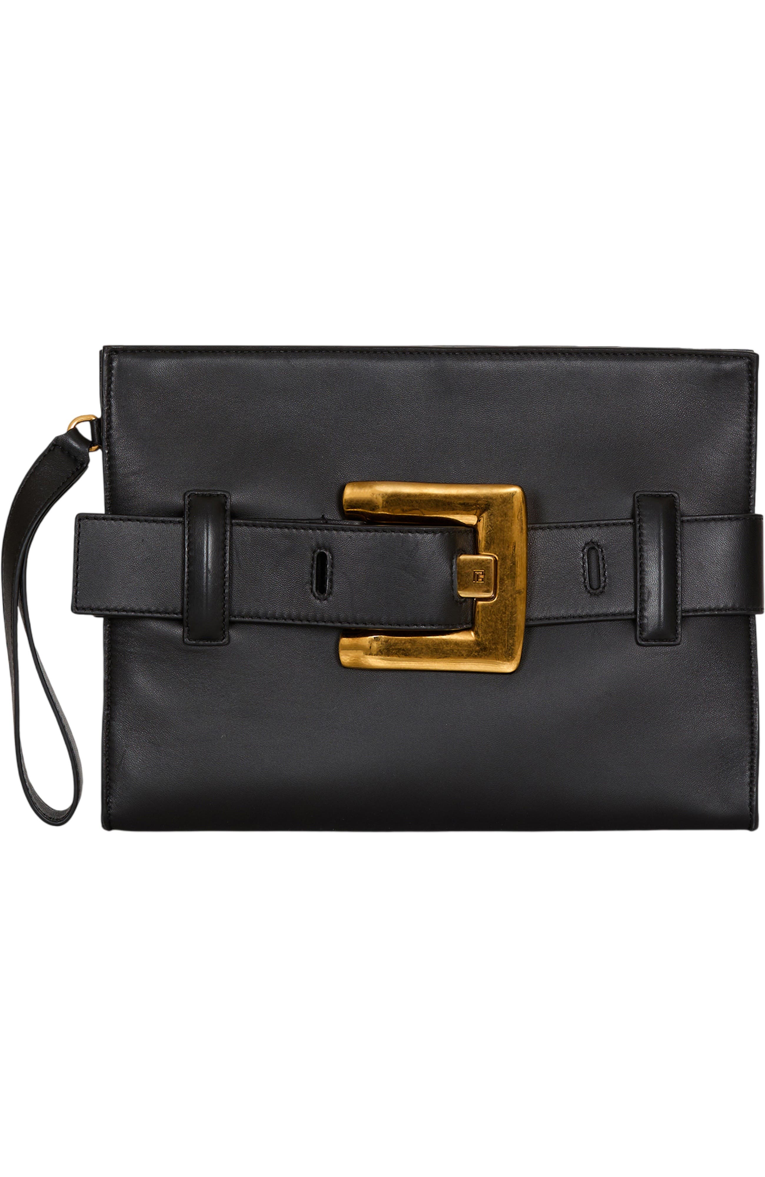 Balmain Anthem smooth leather clutch, Main, color, Black