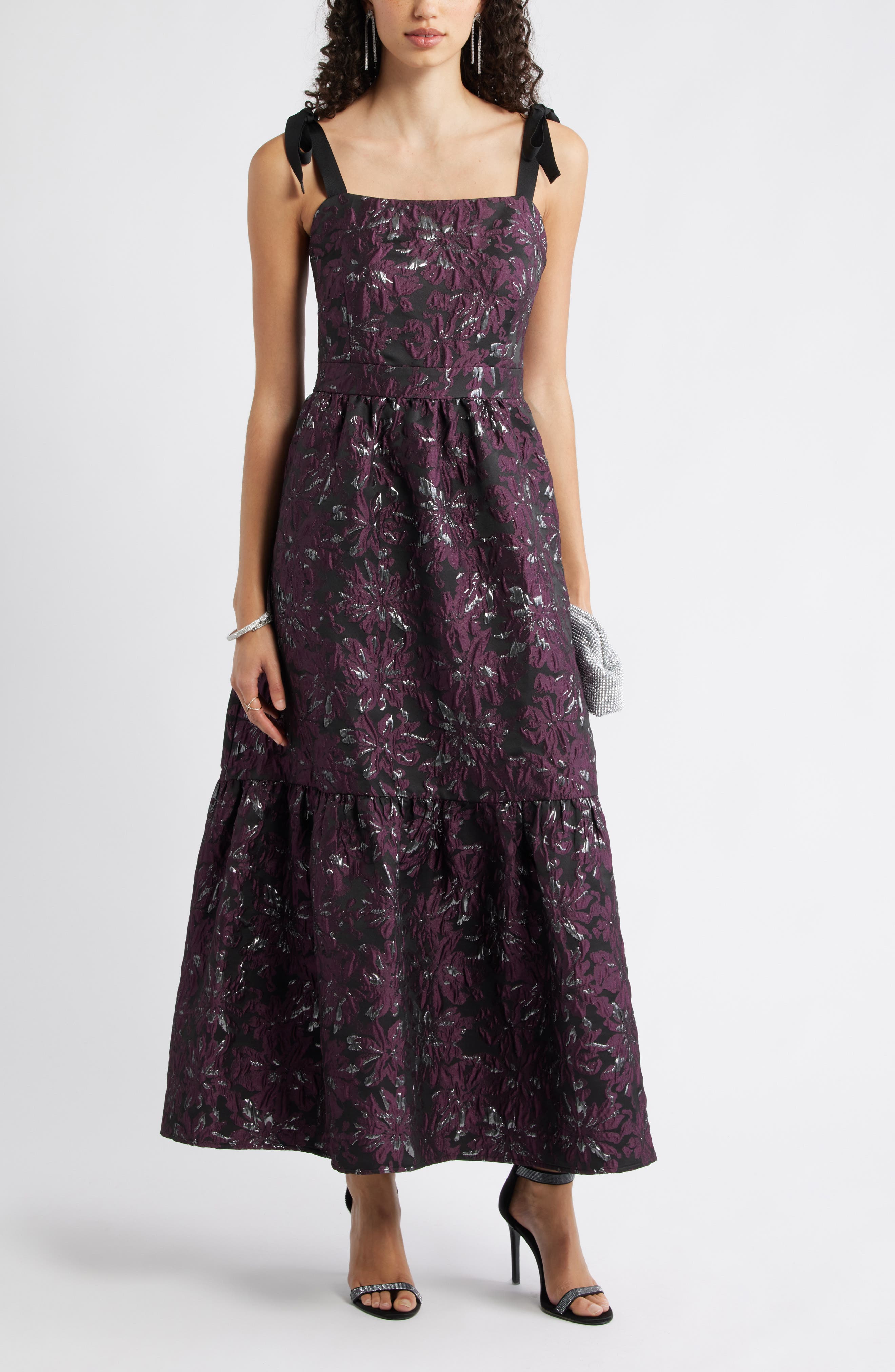 Chelsea28 Tiered Floral Brocade Tie Strap Maxi Dress