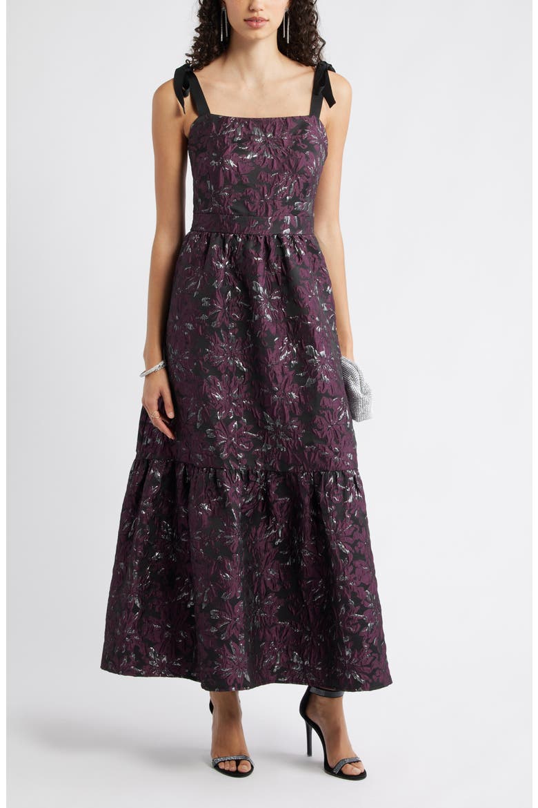 Tiered Floral Brocade Tie Strap Maxi Dress, Main, color, PURPLE MULTI FLORAL BROCADE