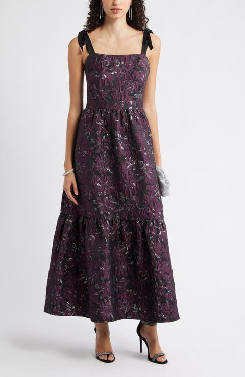 Tiered Floral Brocade Tie Strap Maxi Dress