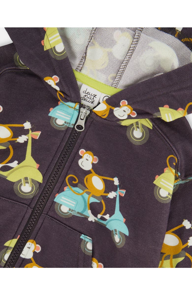 Deux par Deux Baby Boy's Printed French Terry Hooded Full Zip Cardigan Sweatshirt Monkey On Navy Moped, Alternate, color, 
