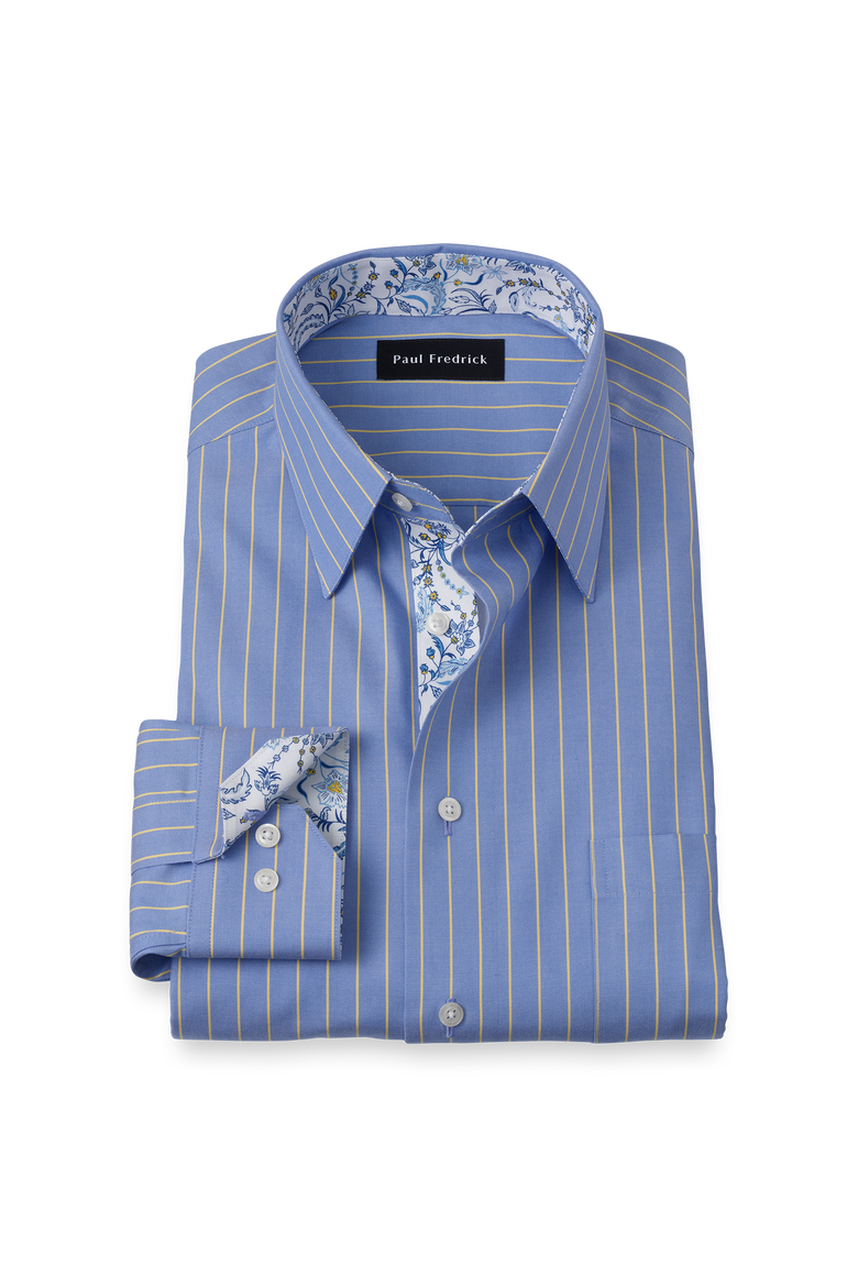 Cotton Point Collar Pinpoint Slim Contrast Trim Button Cuff Long Sleeve Shirt, Main, color, Blue/Yellow