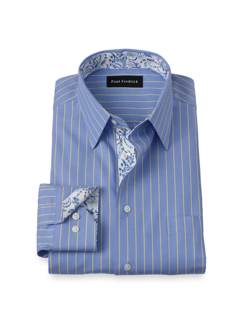 Cotton Point Collar Pinpoint Slim Contrast Trim Button Cuff Long Sleeve Shirt