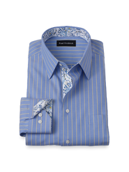 Paul Fredrick Cotton Point Collar Pinpoint Slim Contrast Trim Button Cuff Long Sleeve Shirt