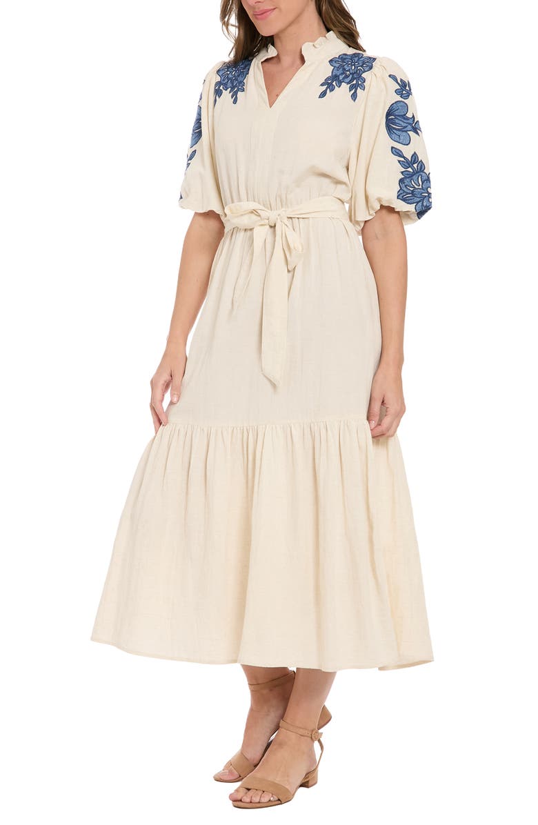 London Times Embroidered Bubble Sleeve Maxi Dress, Alternate, color, Natural