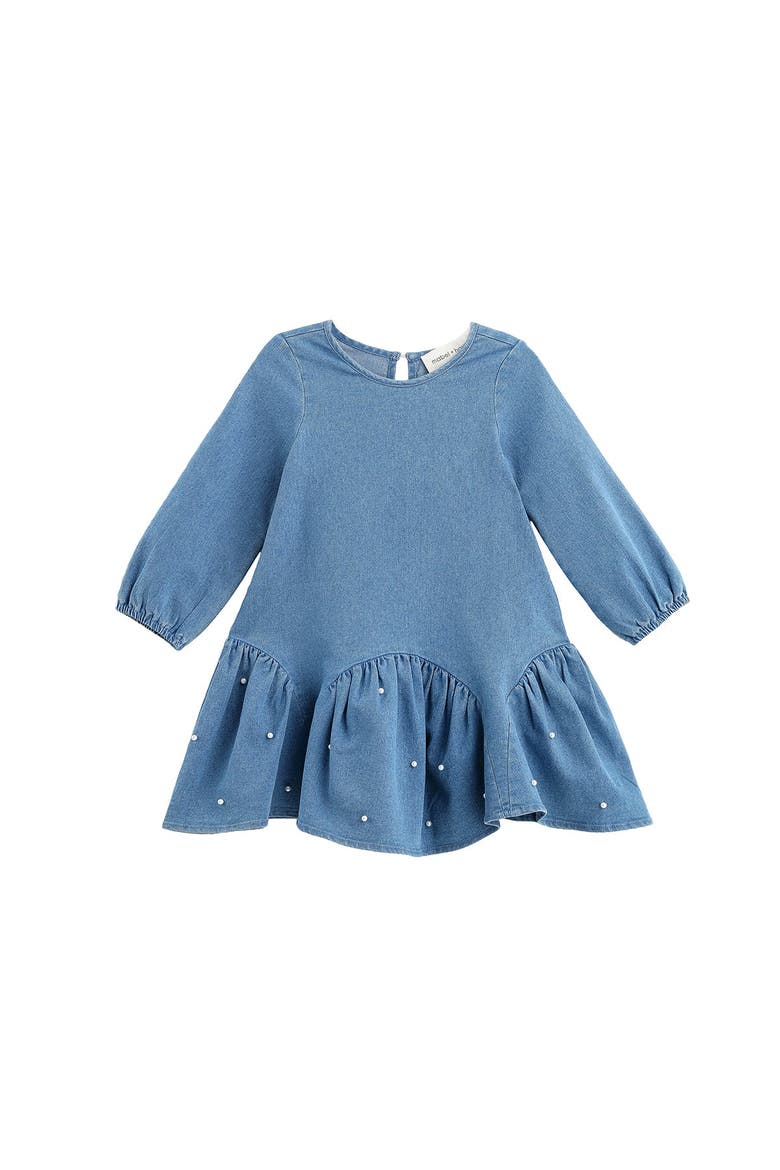 Denim Doll Long Sleeve Solid Pearl Embellished Dropwaist Dress, Alternate, color, Blue