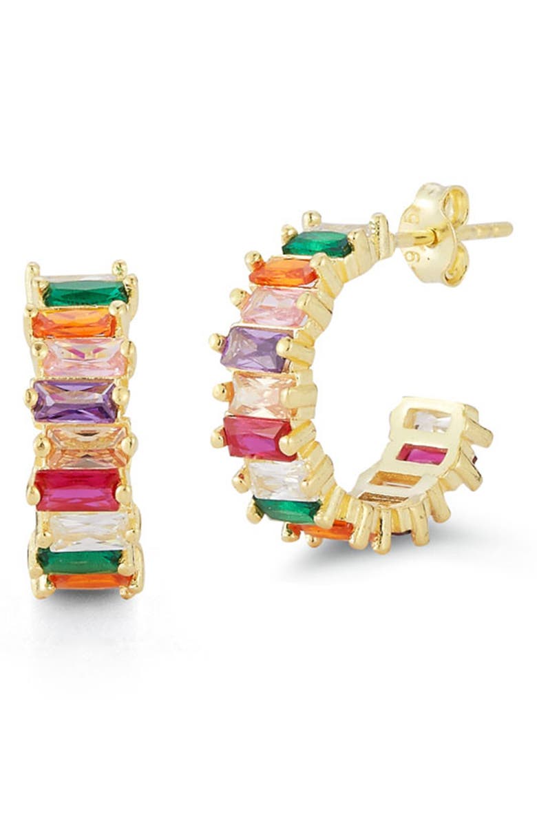 SPHERA MILANO 14K Gold Plated Sterling Silver Baguette CZ Hoop Earrings, Main, color, Yellow Gold