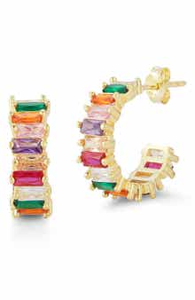 SPHERA MILANO 14K Gold Plated Sterling Silver Baguette CZ Hoop Earrings