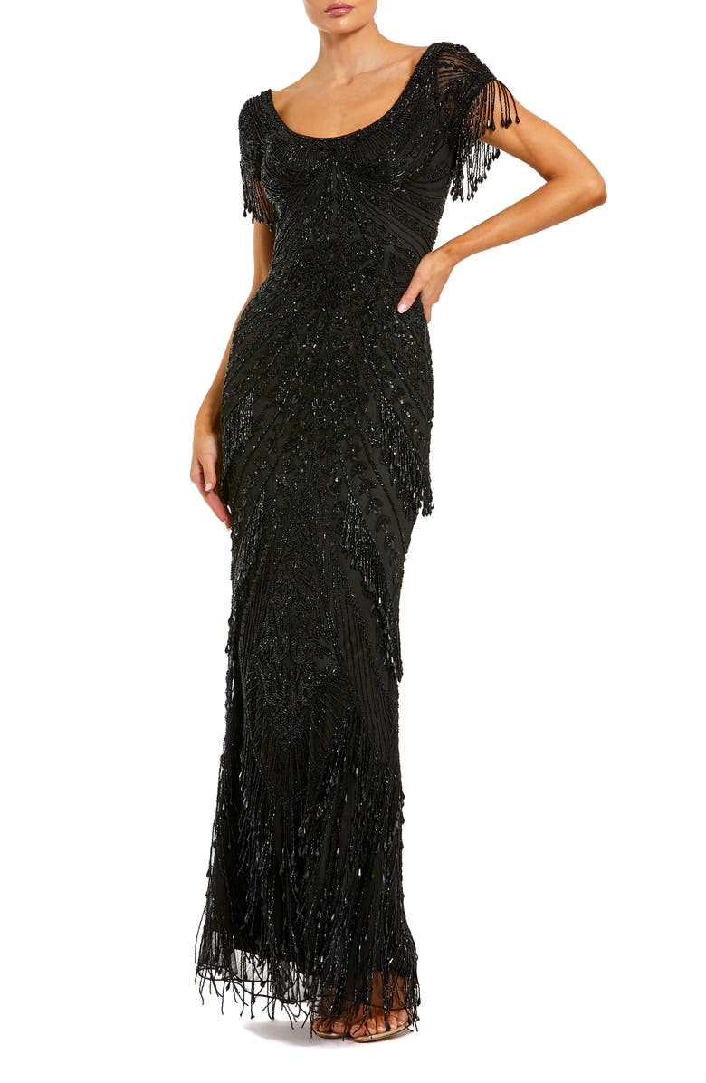 Mac Duggal Beaded Mesh Fringe Short Sleeve Column Gown, Main, color, Black