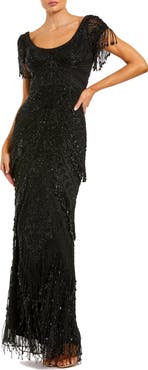 Mac Duggal Beaded Mesh Fringe Short Sleeve Column Gown