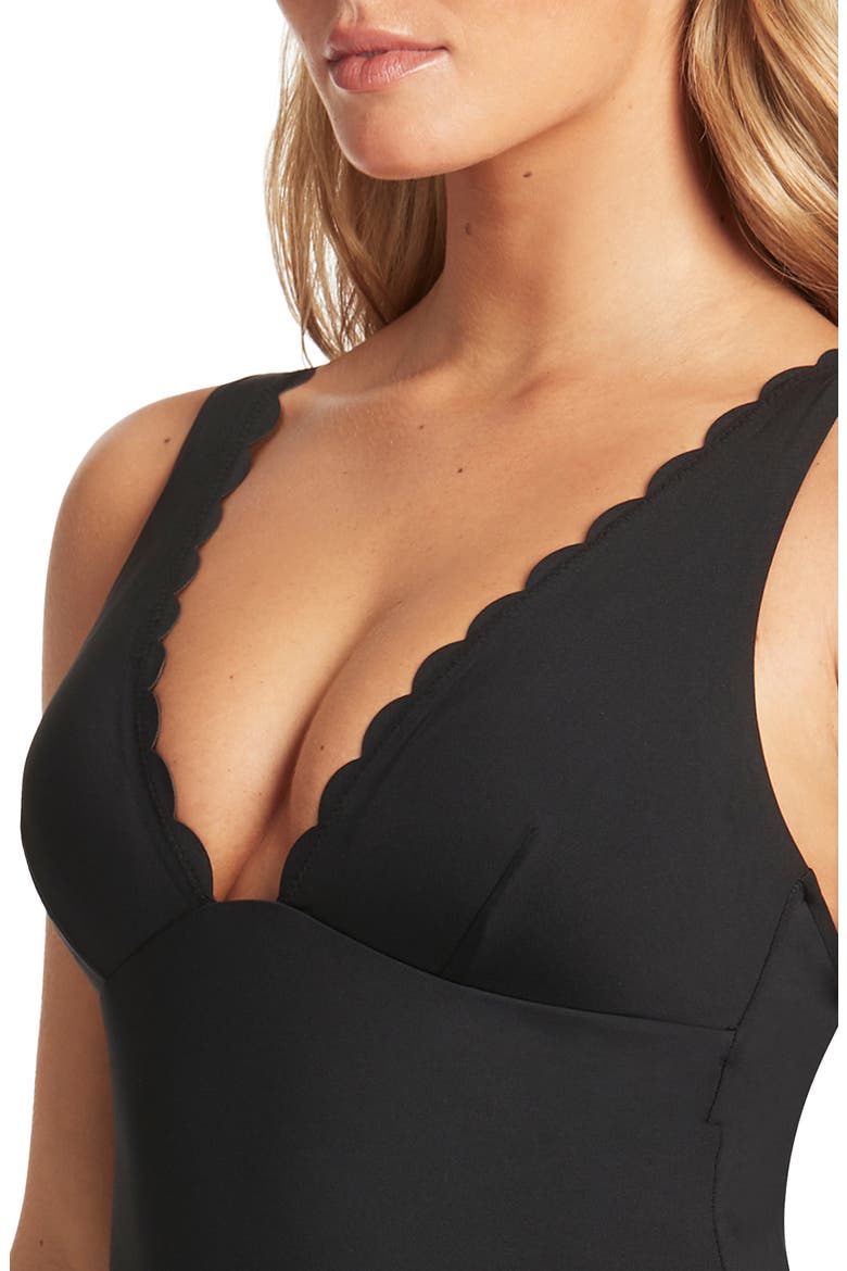 Scalloped Plunge One-Piece Swimsuit, Alternate, color, BLACK