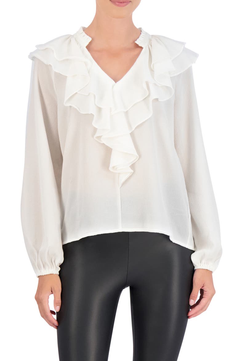 Ruffle Long Sleeve Crepe Top, Main, color, WHITE