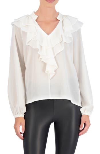 Ookie & Lala Ruffle Long Sleeve Crepe Top In White