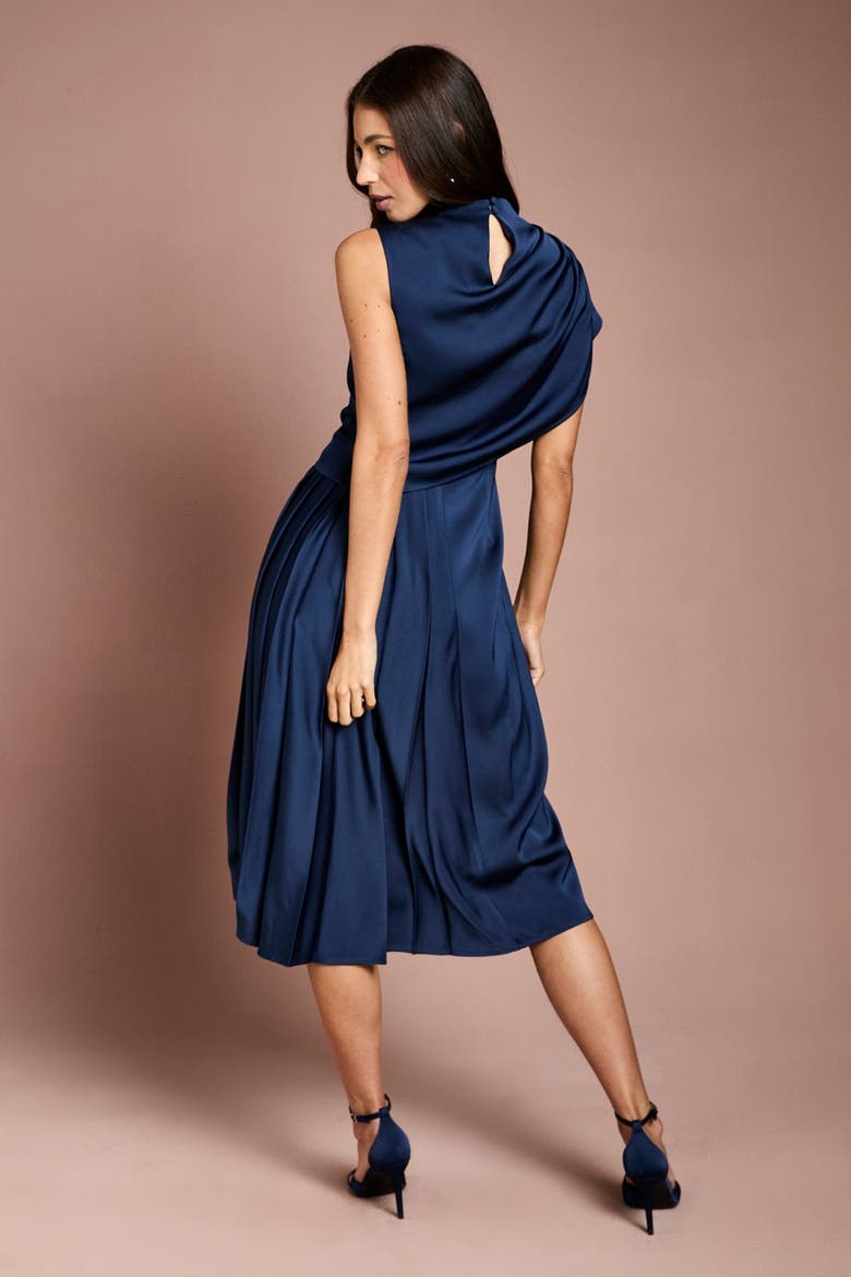 Satin Pleated Midi Dress, Alternate, color, Navy
