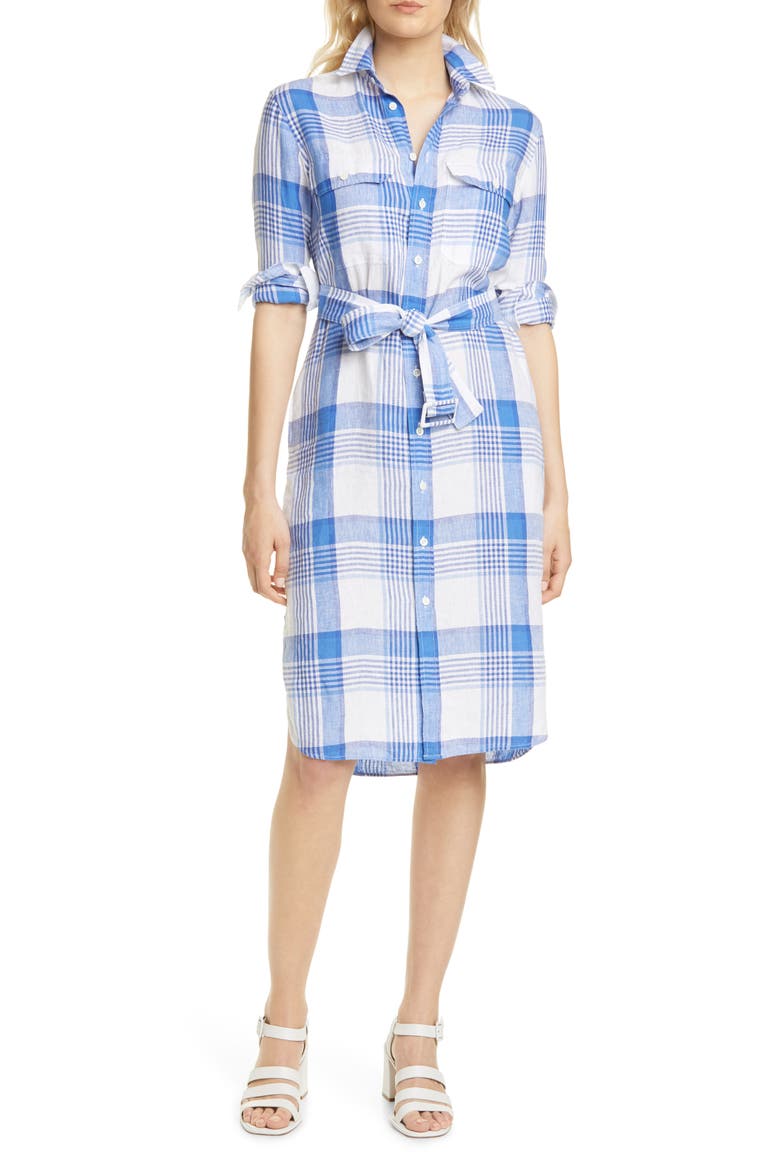 Plaid Long Sleeve Belted Linen Shirtdress, Main, color, 4370 WHITE BLUE/ MULTI