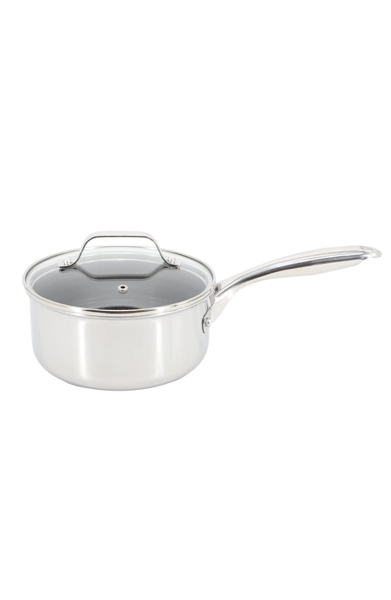 OSTER Modessa 2.5 Quart Nonstick Triply Stainless Steel Saucepan and Lid with Honeycomb Design, Alternate, color, Metallic Silver