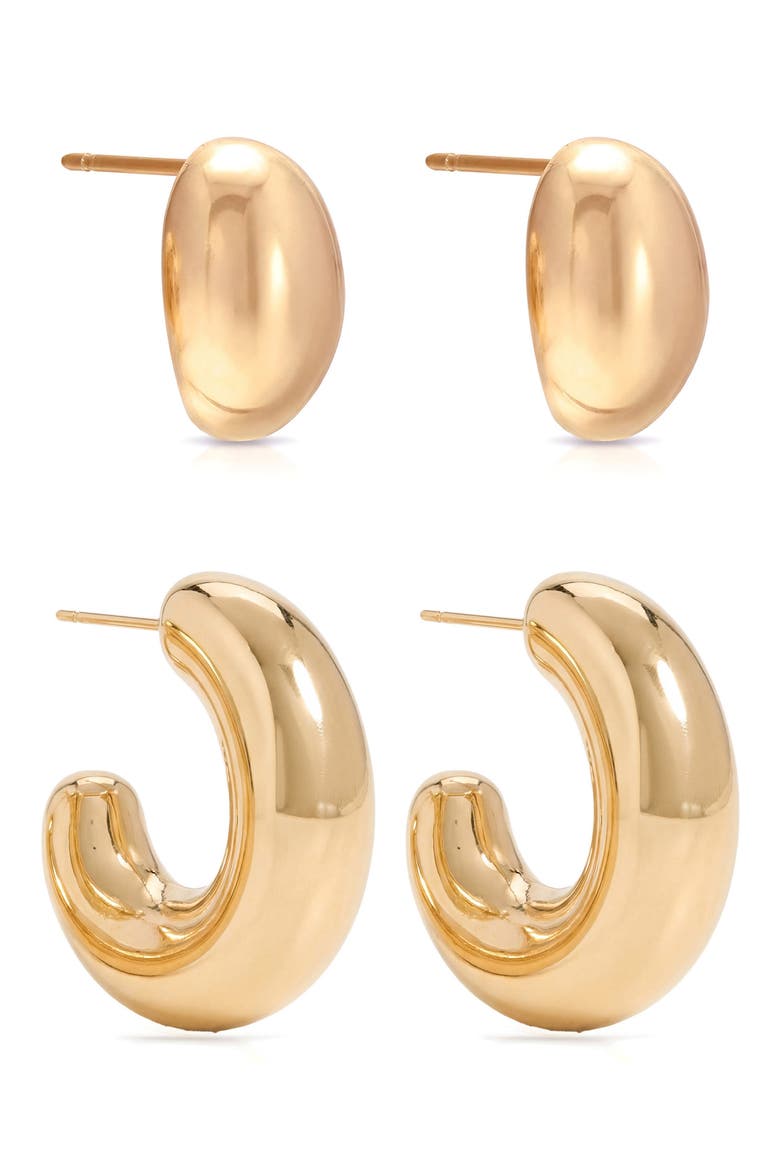 Set of 2 Pairs Thick Dome Hoop & Stud Earrings, Alternate, color, GOLD