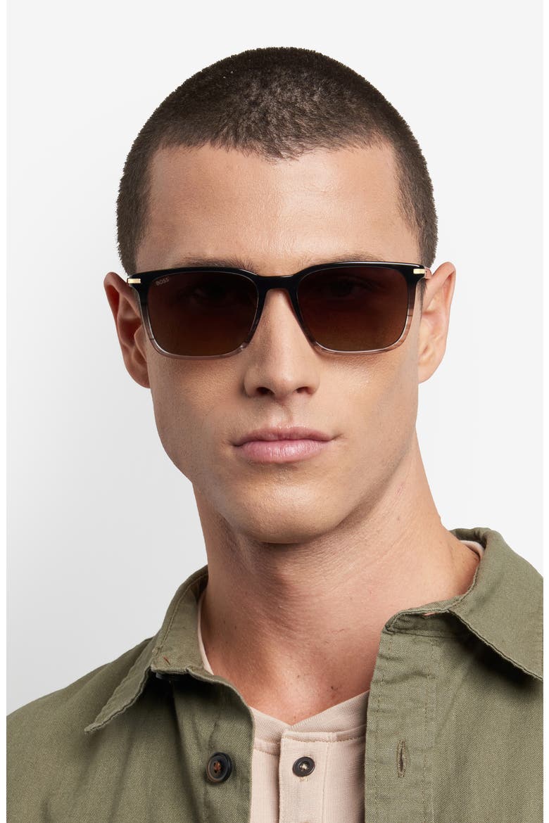 55mm Rectangular Sunglasses, Alternate, color, BLACK SHADED GREY/ BROWN SF