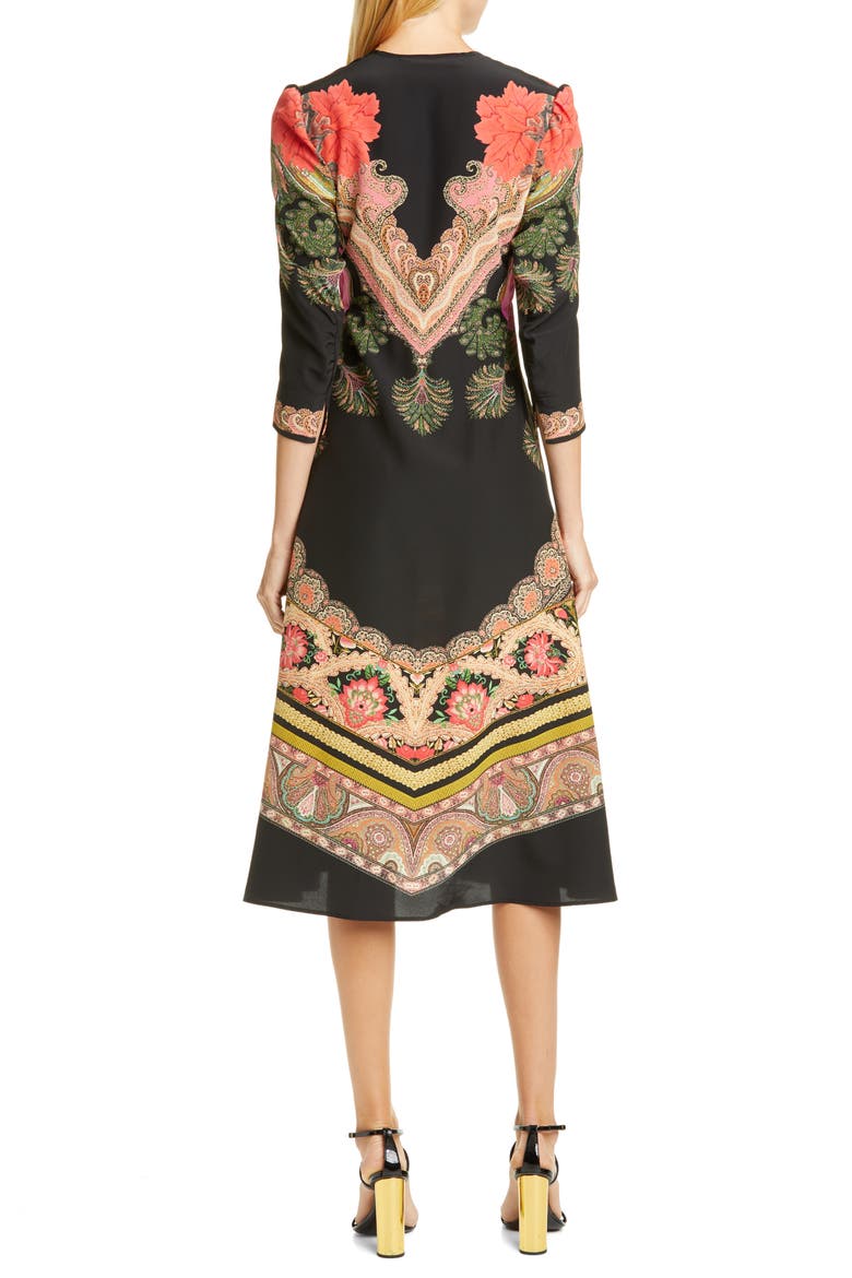 Print Silk Fit & Flare Midi Dress, Alternate, color, BLACK