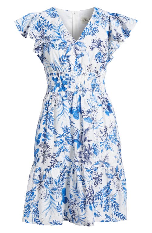 Eliza J Petite Floral Flutter-sleeve Smocked-waist Dress In Iye Blue/white Multi