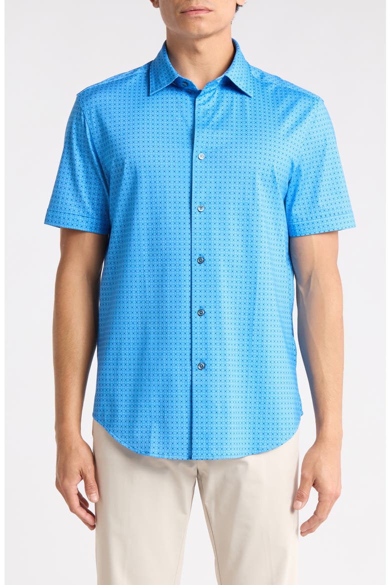 Micro Dot Print Stretch Cotton Short Sleeve Button-Up Shirt, Main, color, CLASSIC BLUE