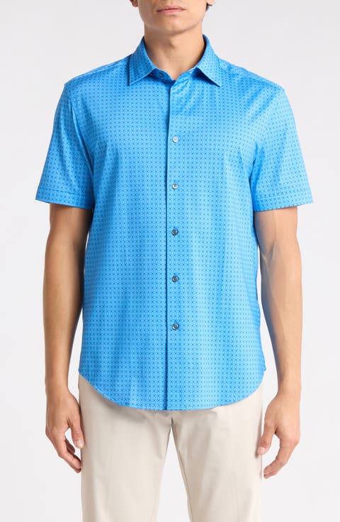 Micro Dot Print Stretch Cotton Short Sleeve Button-Up Shirt
