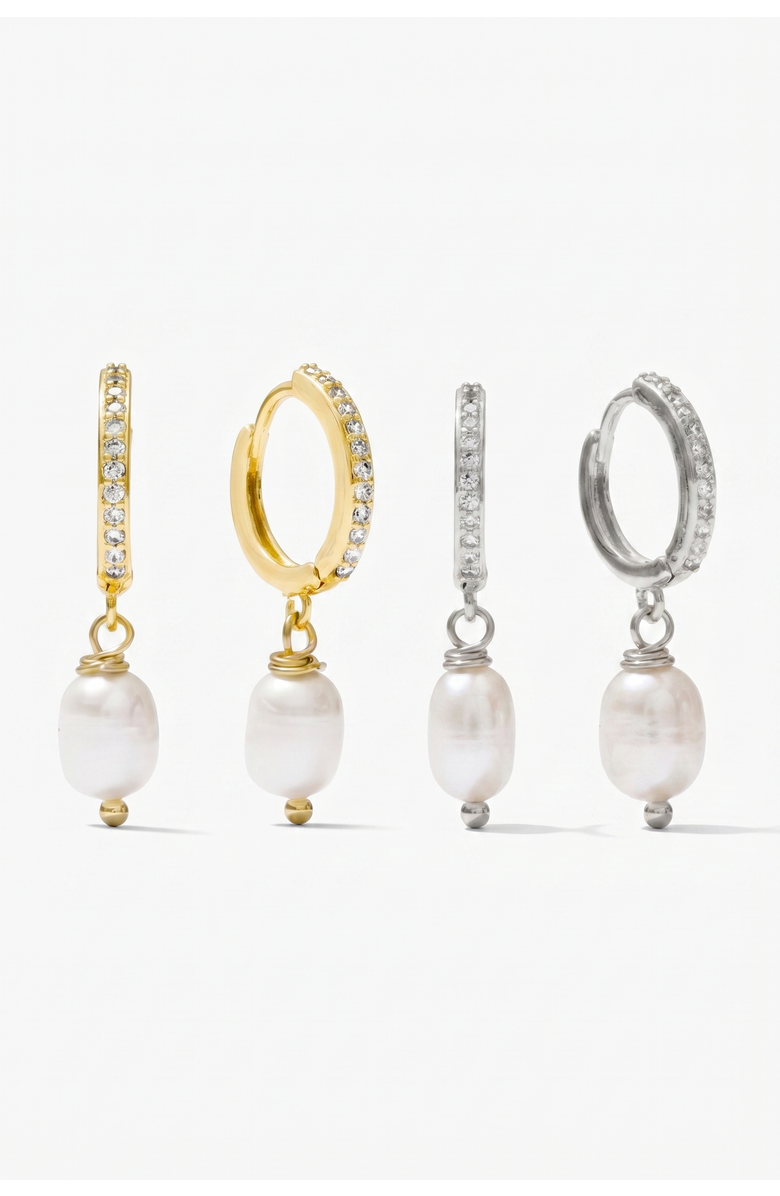 Joey Baby Freshwater Pearl Drop And Huggie Hoop 18K Gold Plated Earring Set, Main, color, Metallic Gold
