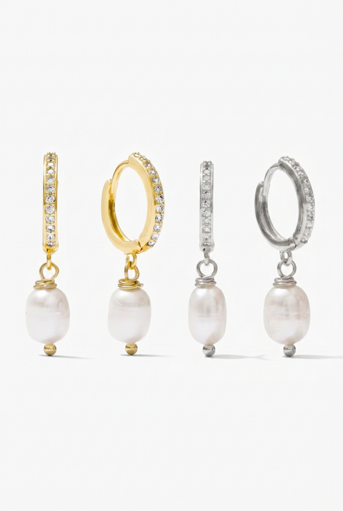 Freshwater Pearl Drop And Huggie Hoop 18K Gold Plated Earring Set