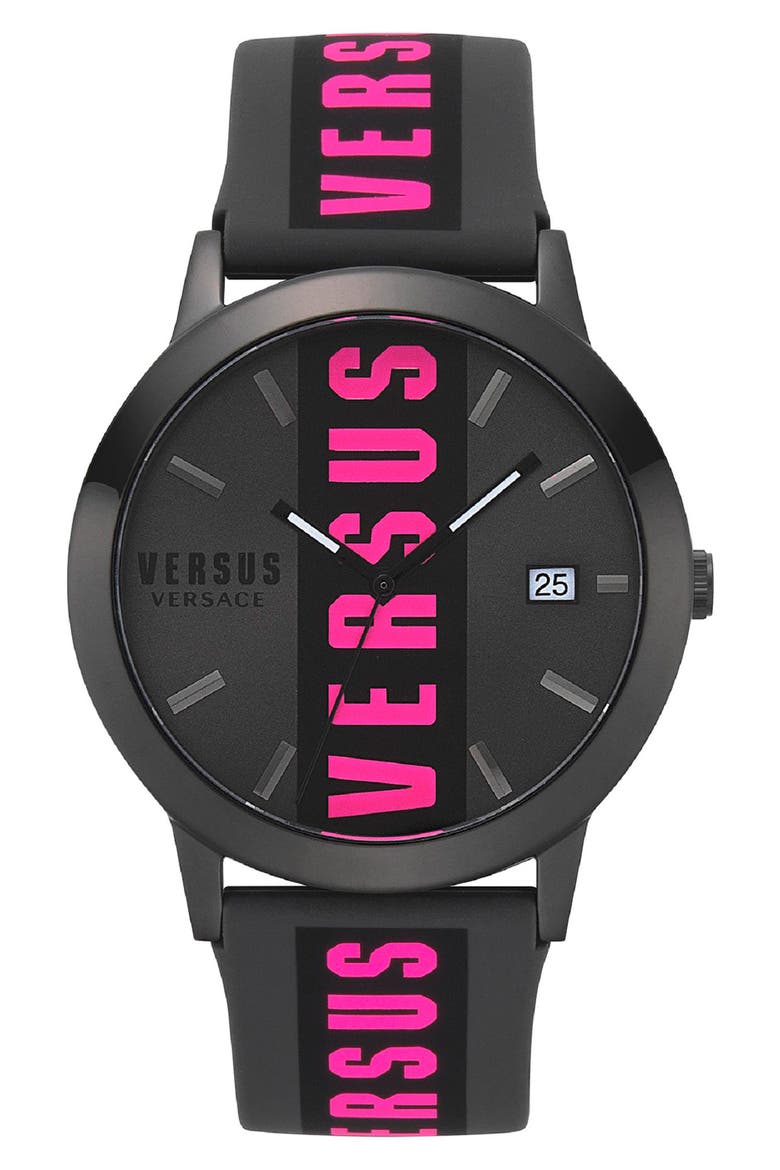 Barbes Logo Leather Strap Watch, 44mm, Main, color, GREY/ PINK/ BLACK
