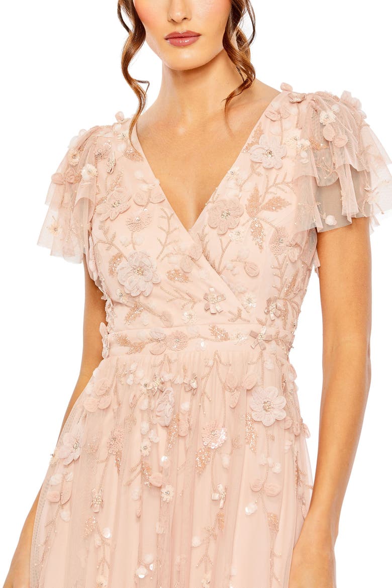 Ruffle Tiered Embellished Faux Wrap Flutter Sleeve Gown, Alternate, color, Blush