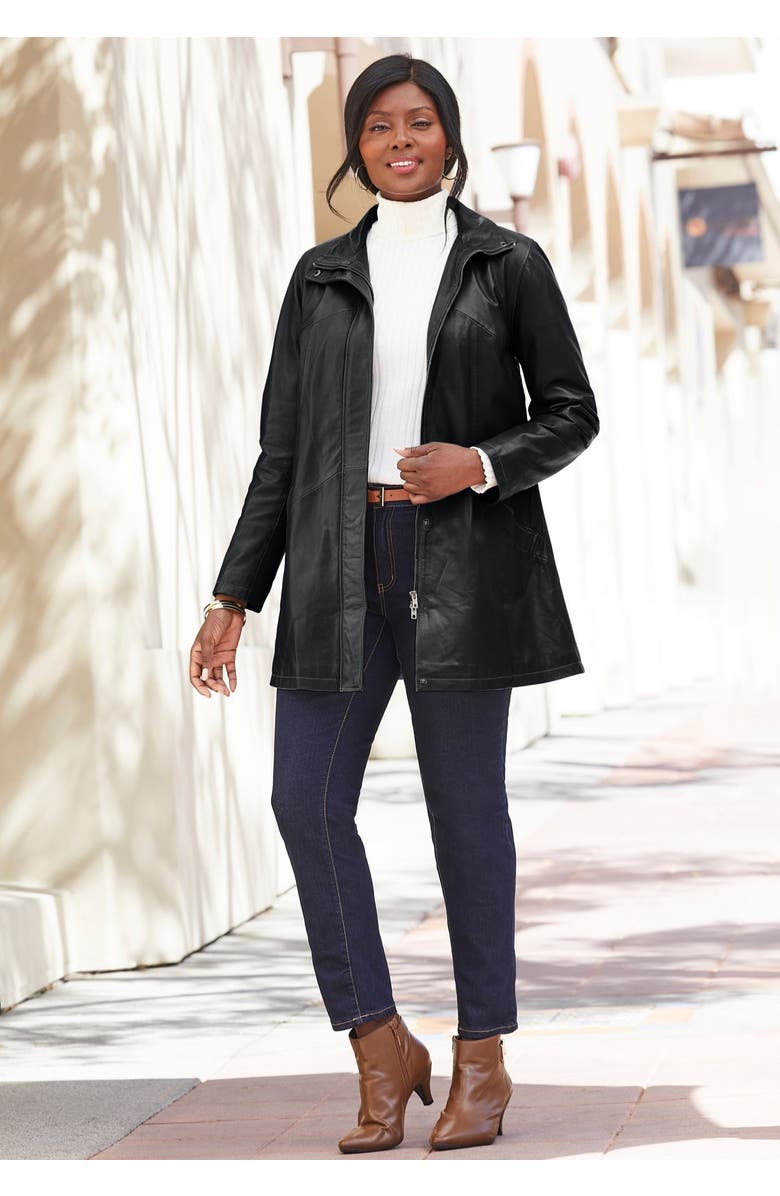 Jessica London A-Line Zip Front Leather Jacket, Alternate, color, Black