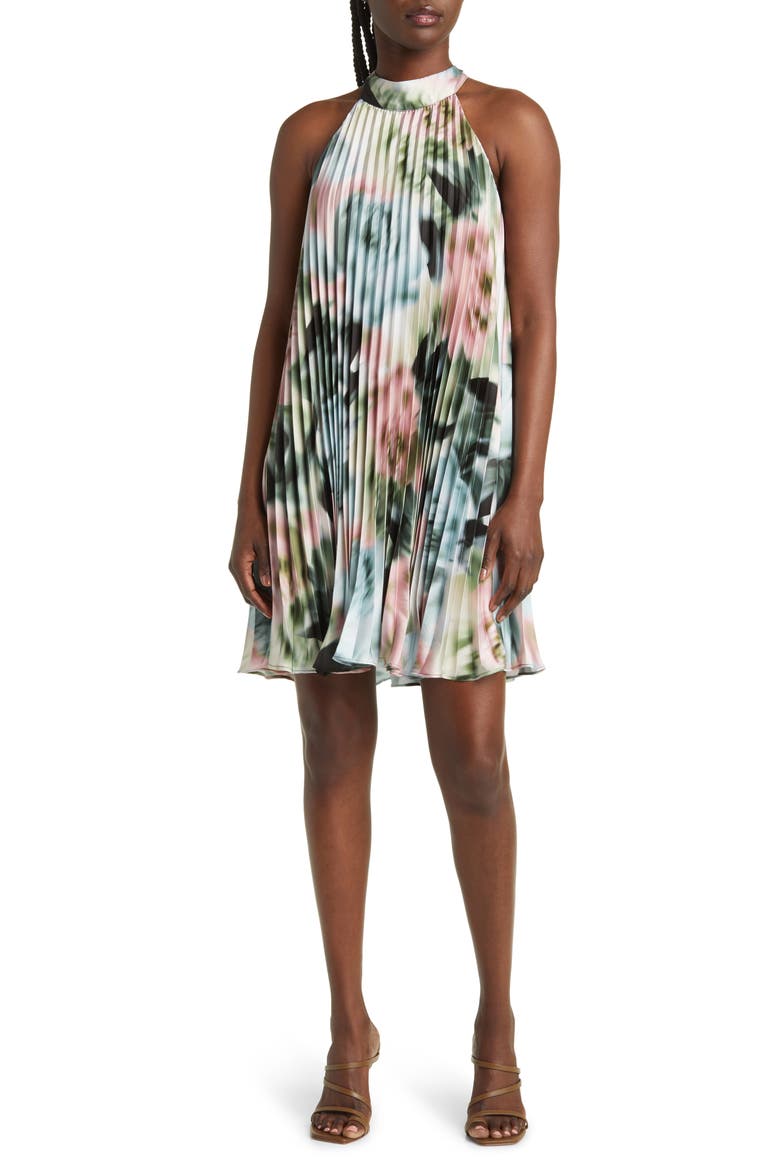 Print Pleated Sleeveless Minidress, Main, color, LIGHT GREEN MULTI