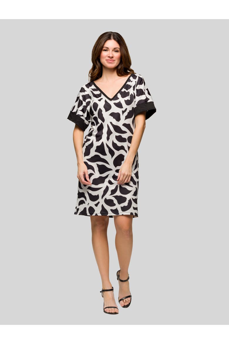 Black and White Short Sleeve Knee Length T Shirt Dress, Main, color, Black Multi