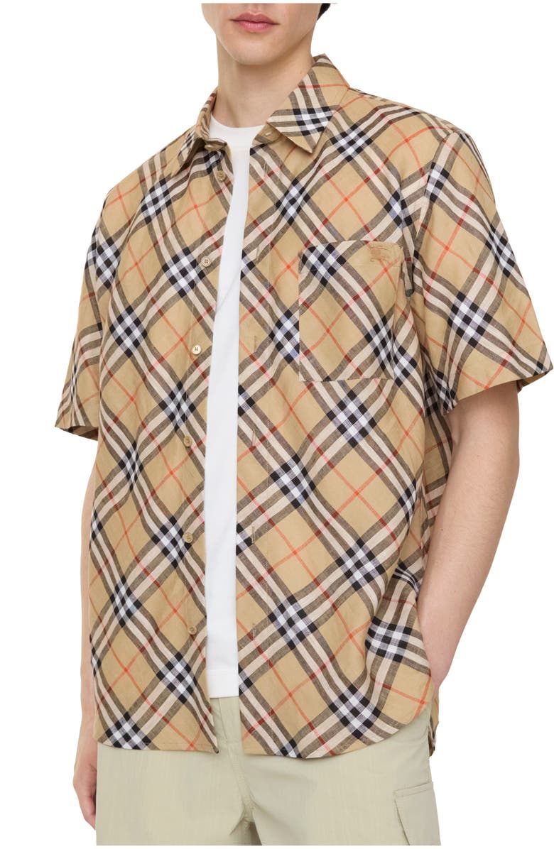 Burberry Relaxed Fit Check Linen Shirt, Main, color, Sand Beige