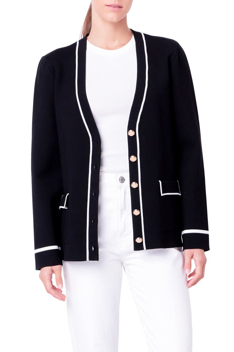 Contrast V-Neck Cardigan, Alternate, color, BLACK/ WHITE