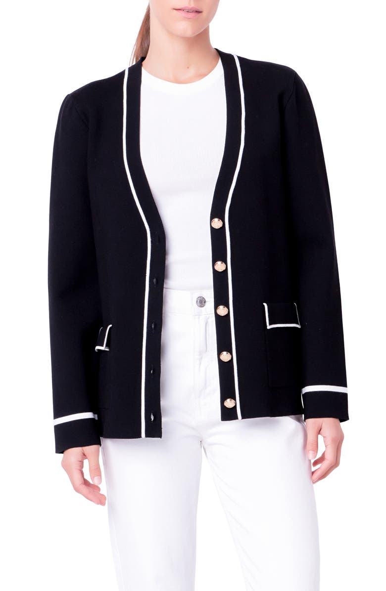 English Factory Contrast V-Neck Cardigan, Alternate, color, Black/ White