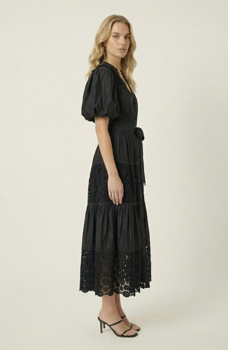 Modenaire V-Neck Lace Paneling Midi Dress, Alternate, color, Black