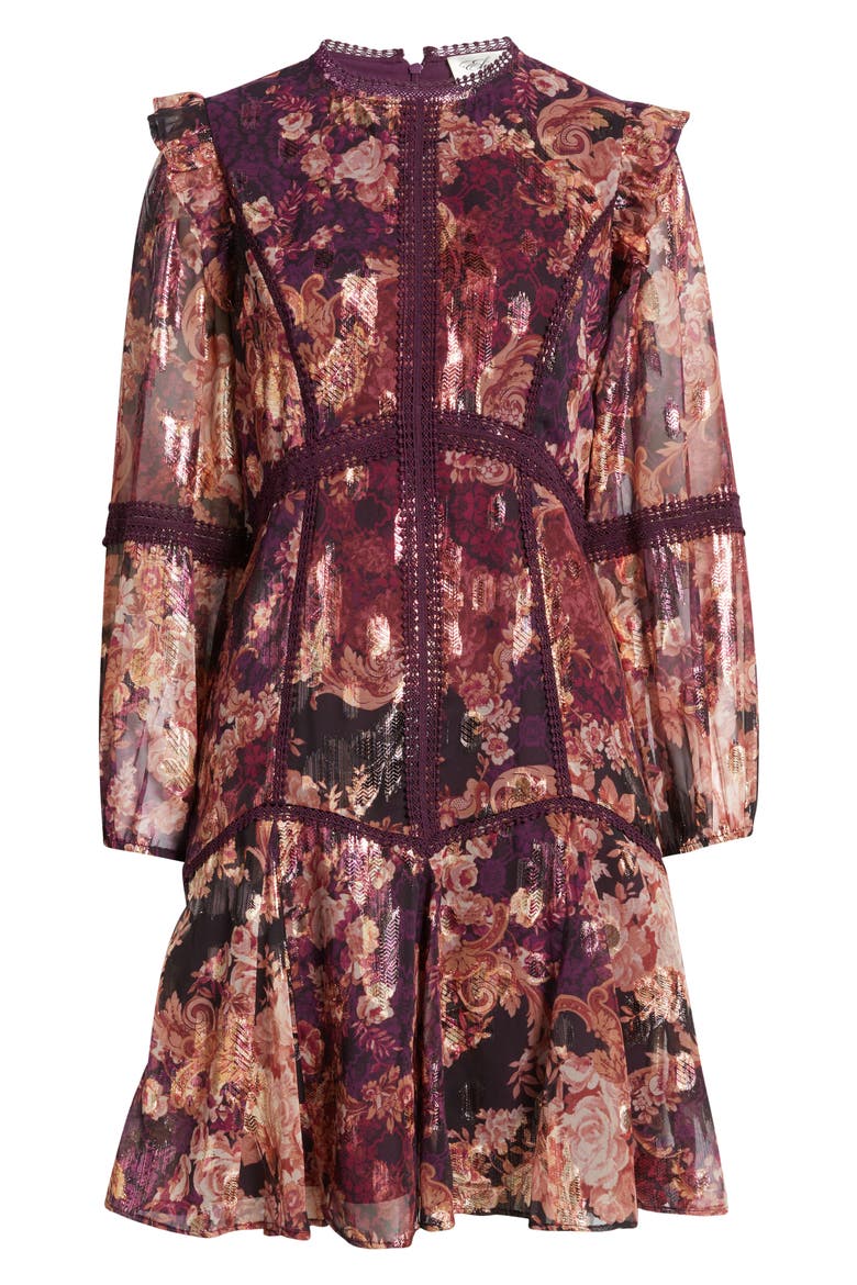 Lace Trim Long Sleeve Trapeze Dress, Alternate, color, WINE MULTI