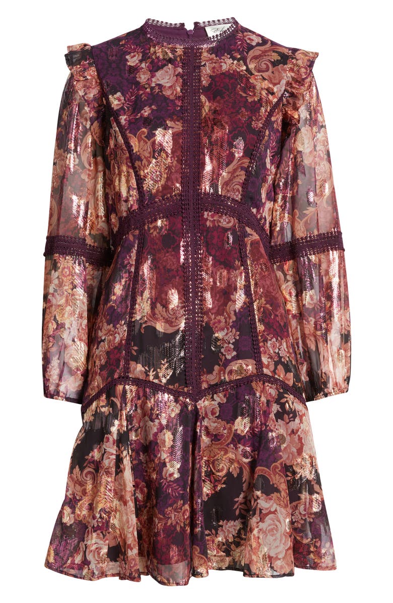 Eliza J Lace Trim Long Sleeve Trapeze Dress, Alternate, color, Wine Multi