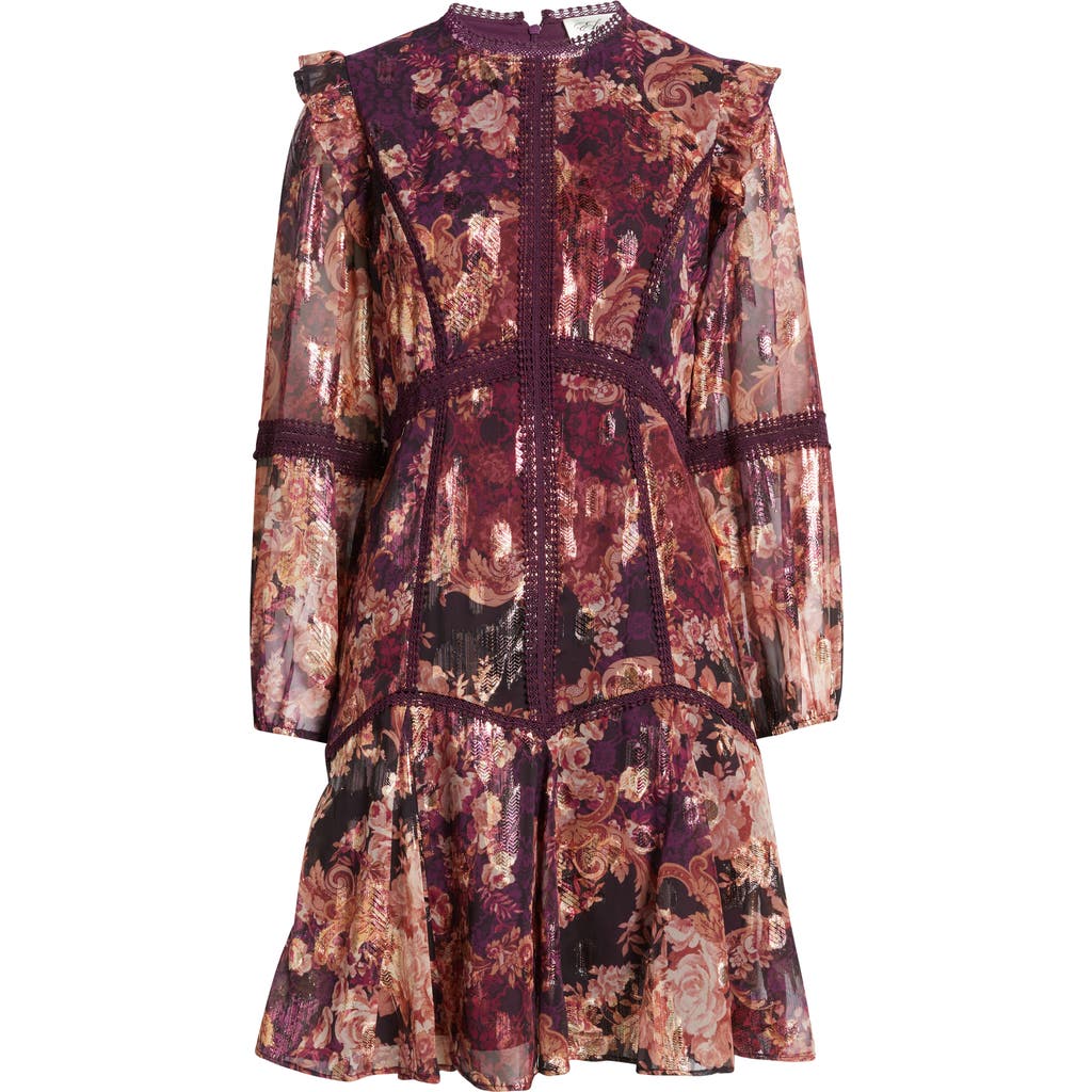 Eliza J Lace Trim Long Sleeve Trapeze Dress In Multi