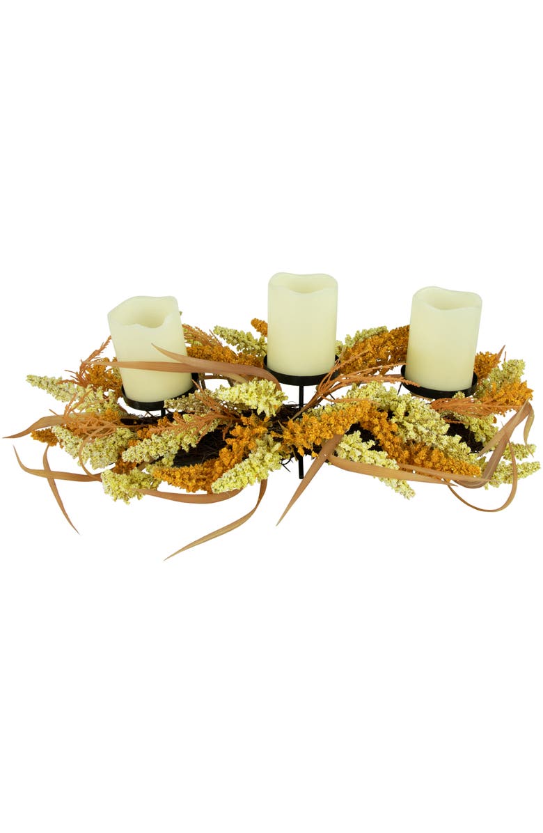 Northlight Autumn Harvest Triple Candle Holder with Artificial Fall Foliage - 22", Alternate, color, Orange