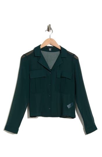 T Tahari Print Long Sleeve Crop Blouse In Green