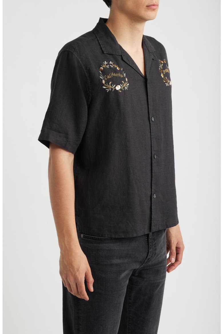 Klavicle California Dreamin' Embroidered Linen Camp Shirt, Alternate, color, JET BLACK