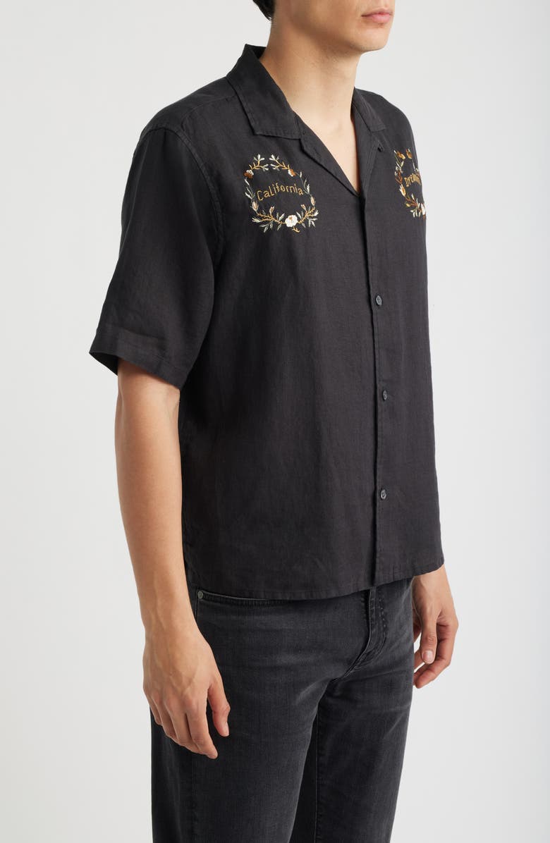 AllSaints Klavicle California Dreamin' Embroidered Linen Camp Shirt, Alternate, color, Jet Black