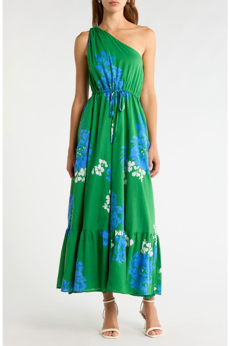 Hemmi Floral Print Tie Waist One-Shoulder Maxi Dress, Main, color, GREEN-BLUE-WHITE
