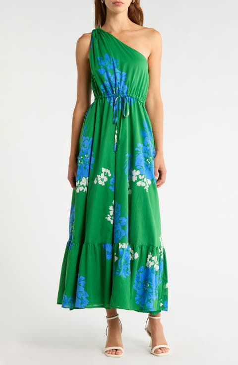 Hemmi Floral Print Tie Waist One-Shoulder Maxi Dress