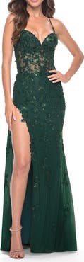 La Femme Long Tulle Gown with Beaded Lace Details