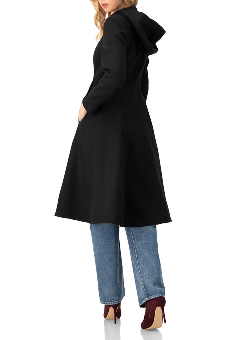 Hooded Button-Front Wool-Blend Midi Swing Coat, Alternate, color, Black